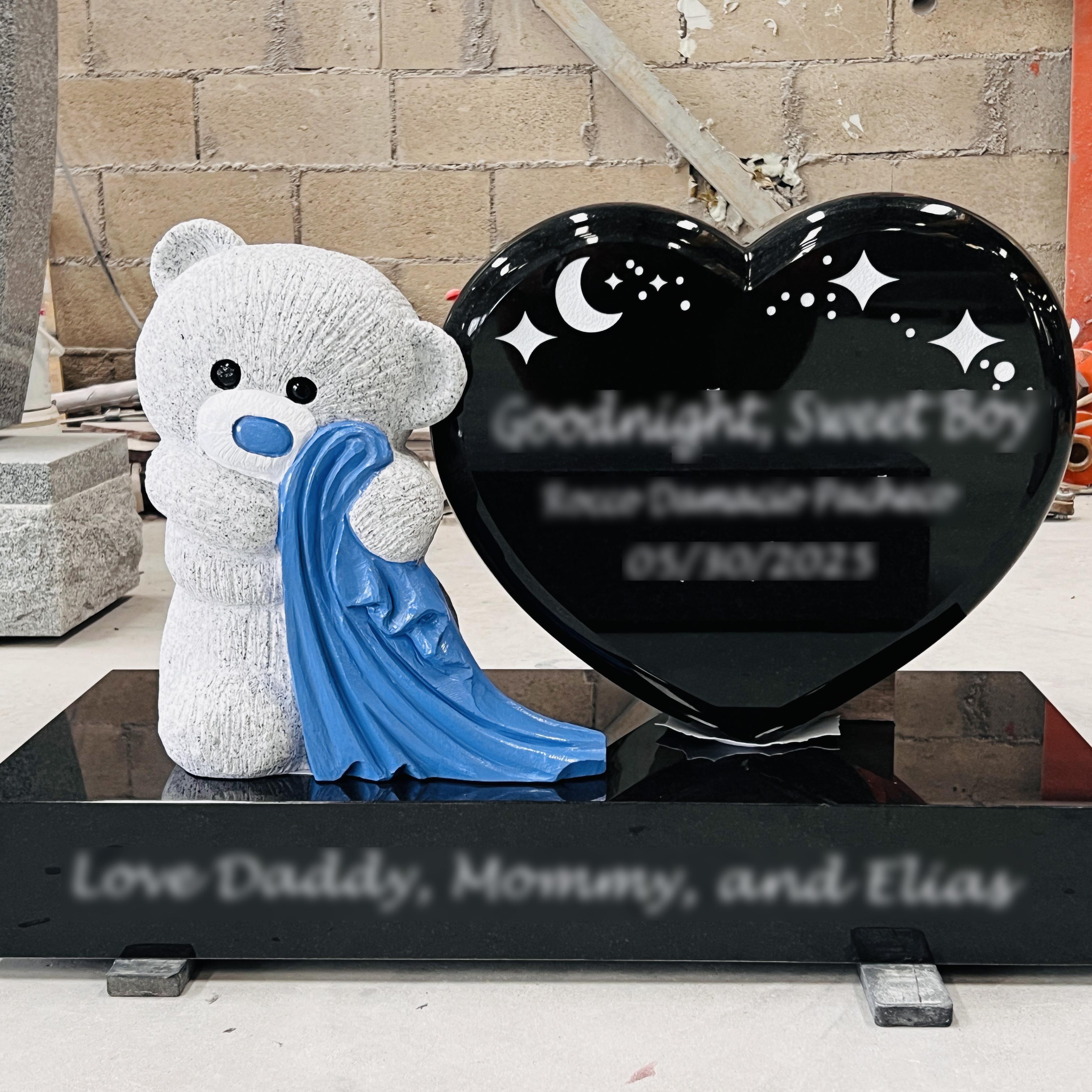 Black Granite Heart Headstone with Teddy Bear Memorial Monument