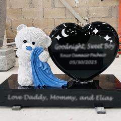 Black Granite Heart Headstone with Teddy Bear Memorial Monument