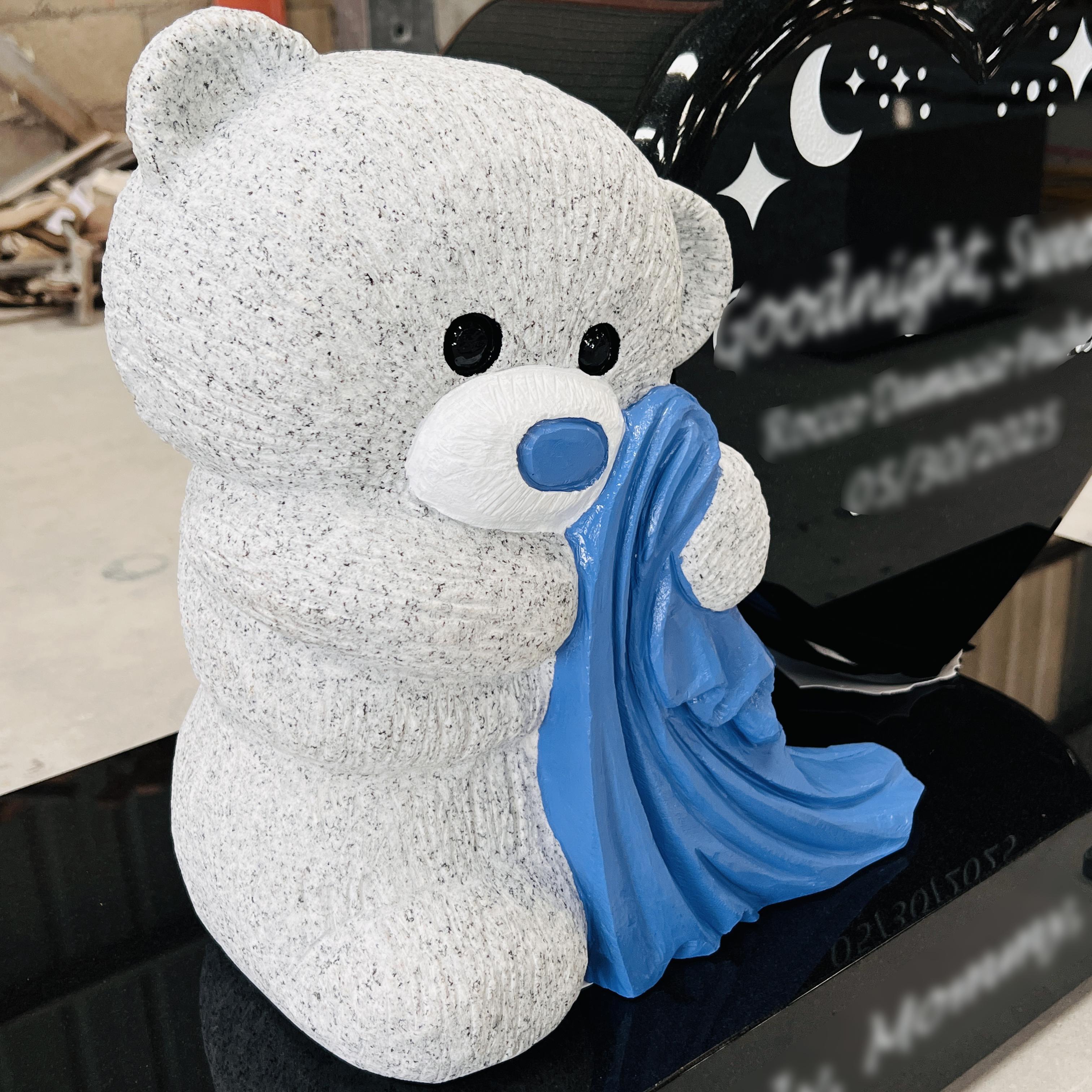 Black Granite Heart Headstone with Teddy Bear Memorial Monument