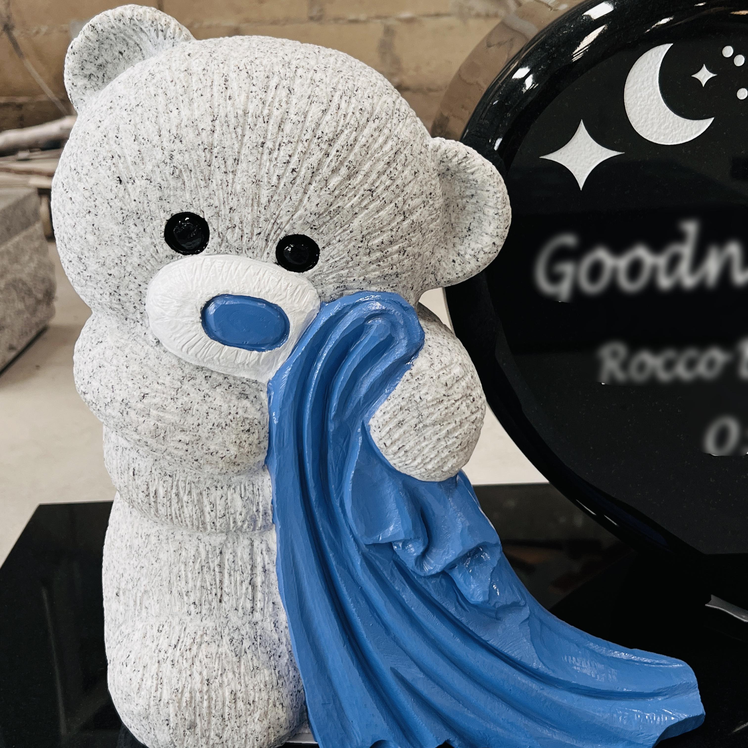 Black Granite Heart Headstone with Teddy Bear Memorial Monument
