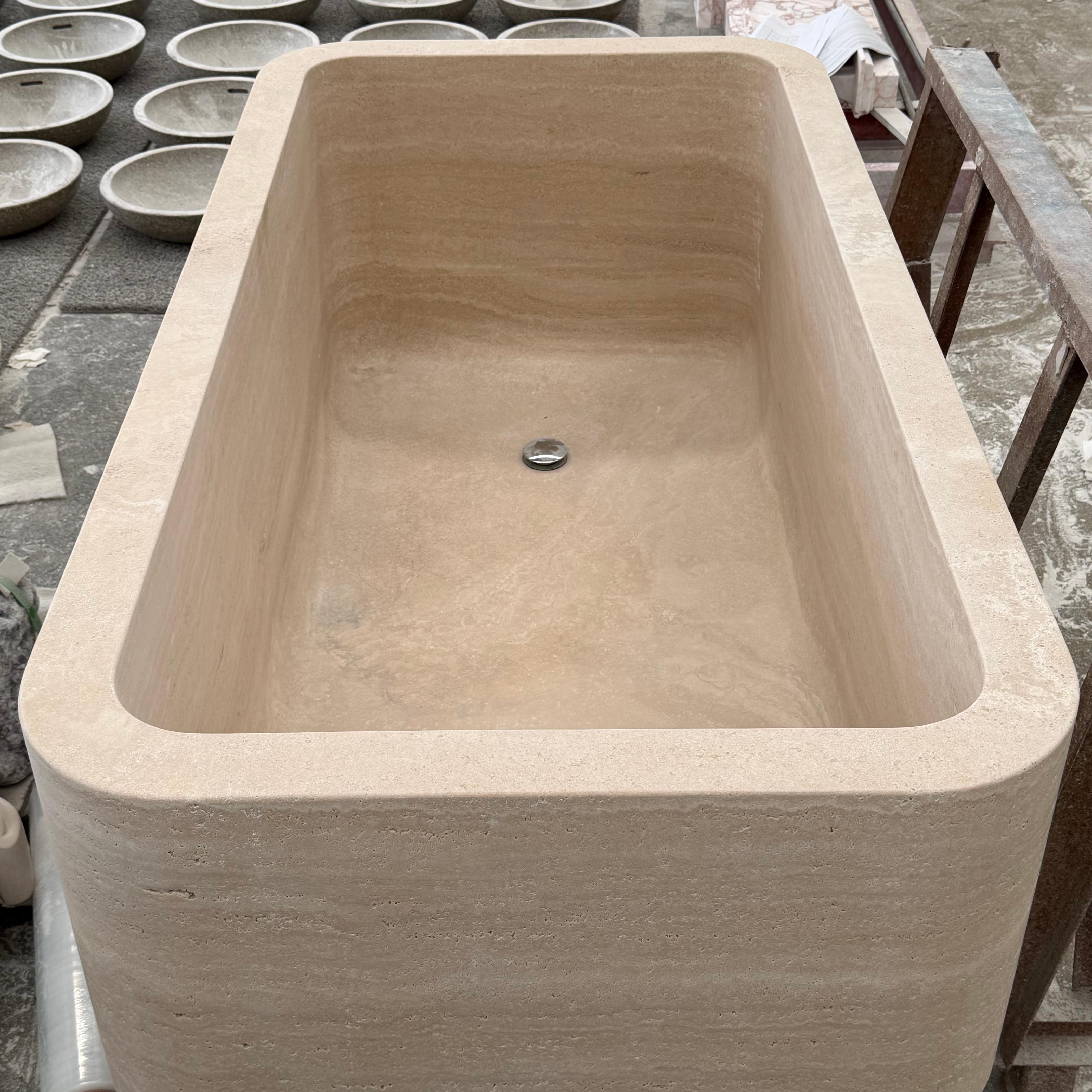 Natural Beige Travertine Square Rounded-Corner Bathtub