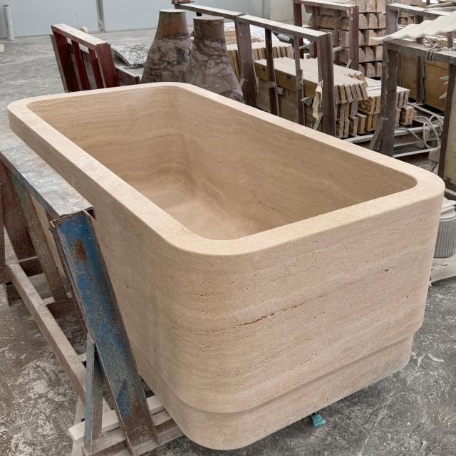 Natural Beige Travertine Square Rounded-Corner Bathtub
