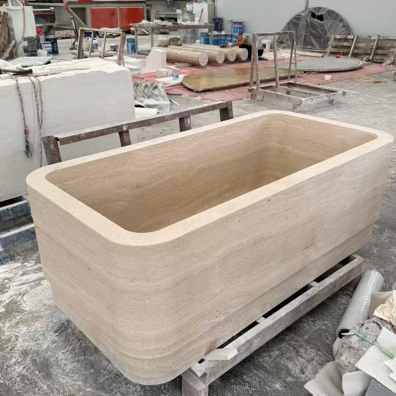 Natural Beige Travertine Square Rounded-Corner Bathtub