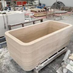 Natural Beige Travertine Square Rounded-Corner Bathtub
