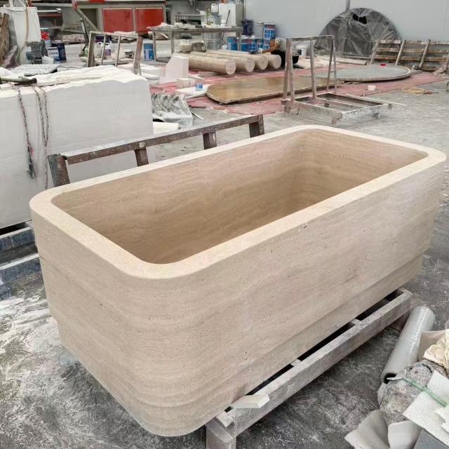 Natural Beige Travertine Square Rounded-Corner Bathtub