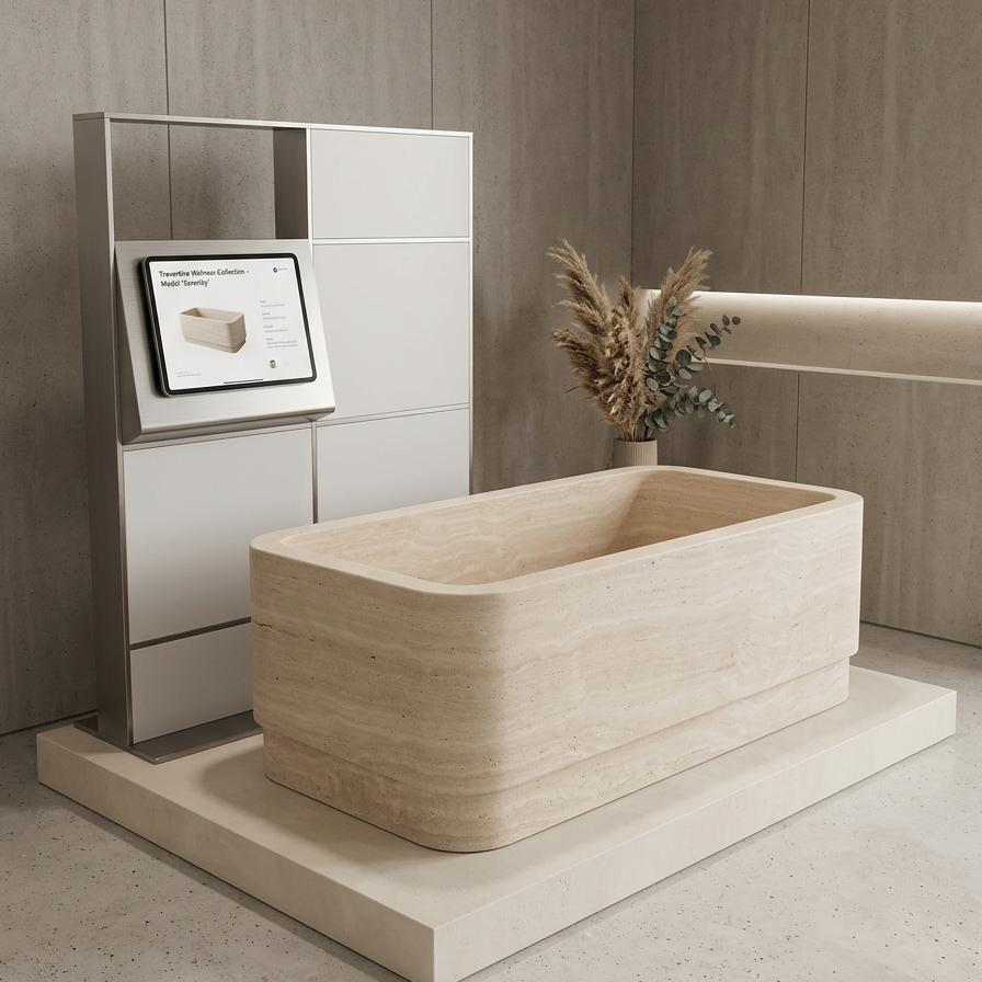 Natural Beige Travertine Square Rounded-Corner Bathtub
