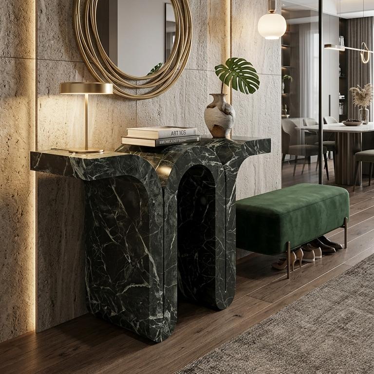Curved Prada Green Marble Console Table