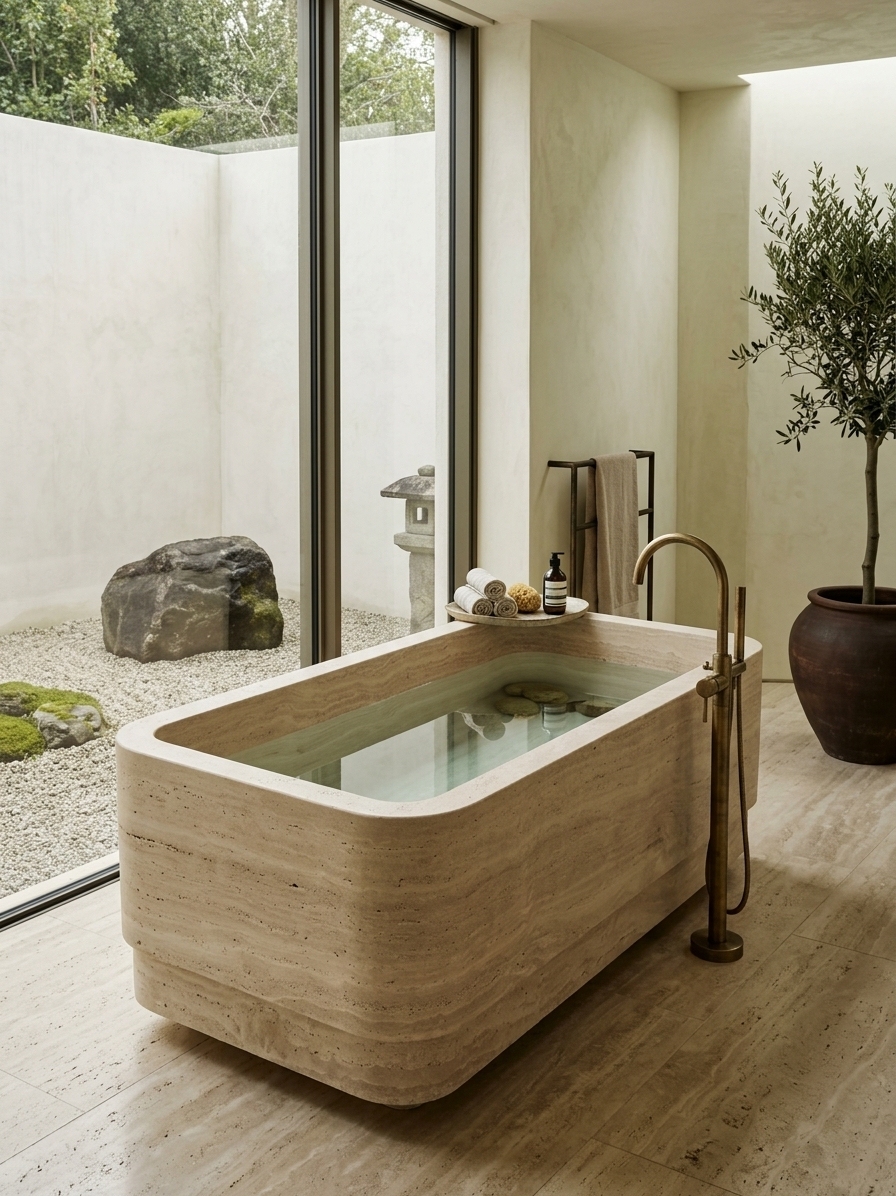 Natural Square Beige Travertine Bathtub Bathroom Interior