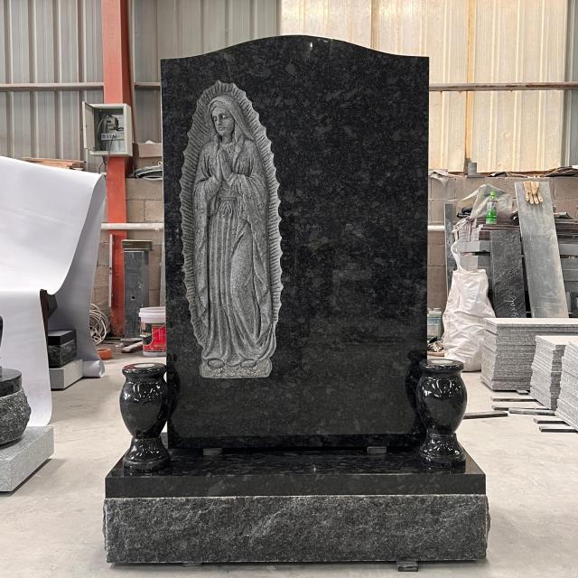 Steel Grey Granite Memorial Headstone with Carved Virgin Mary Relief