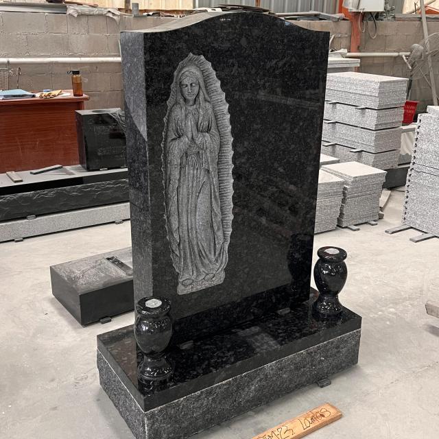 Steel Grey Granite Memorial Headstone with Carved Virgin Mary Relief