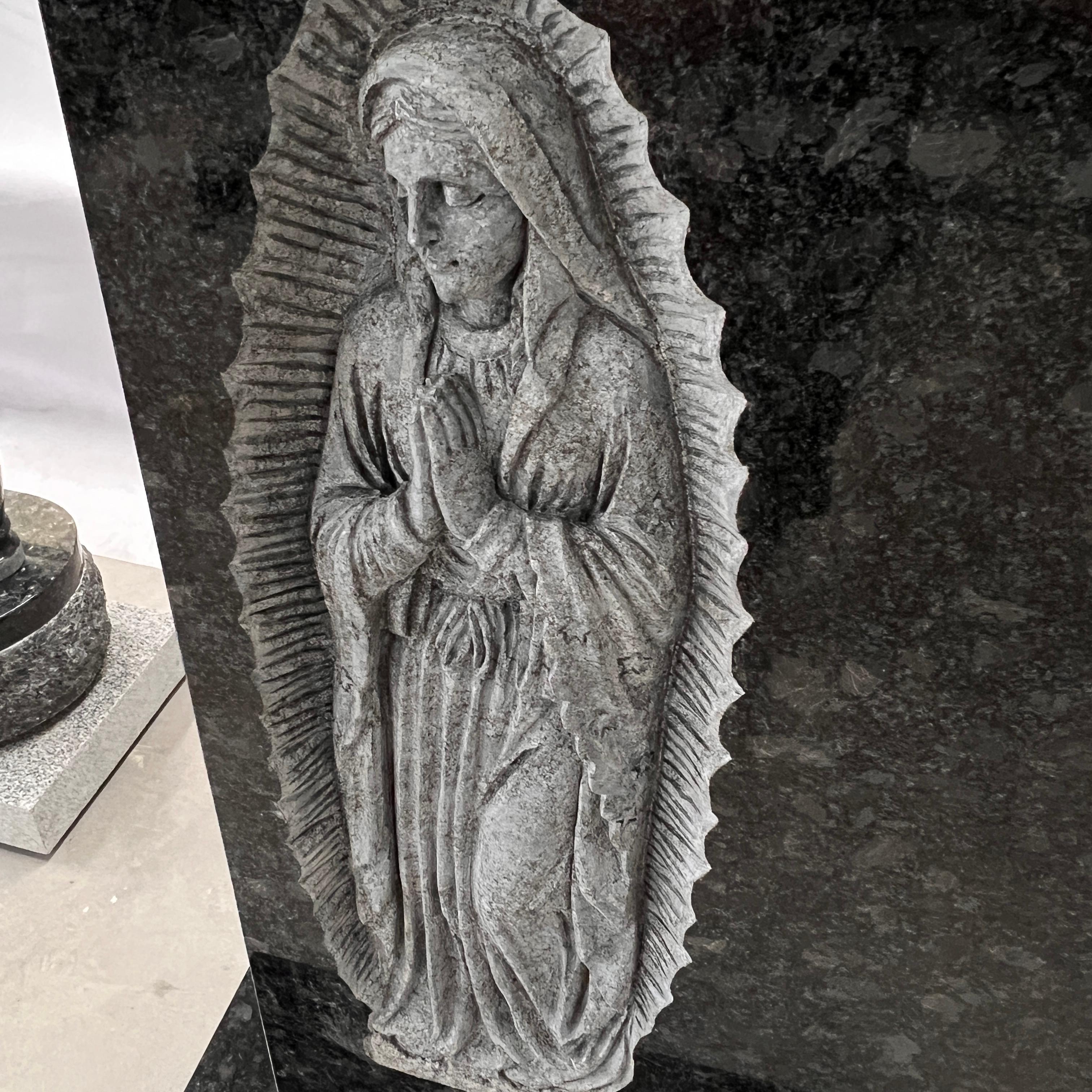 Steel Grey Granite Memorial Headstone with Carved Virgin Mary Relief