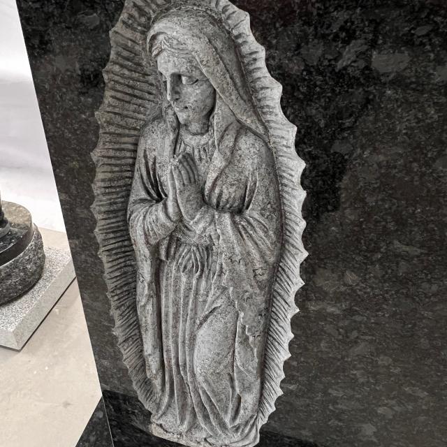 Steel Grey Granite Memorial Headstone with Carved Virgin Mary Relief