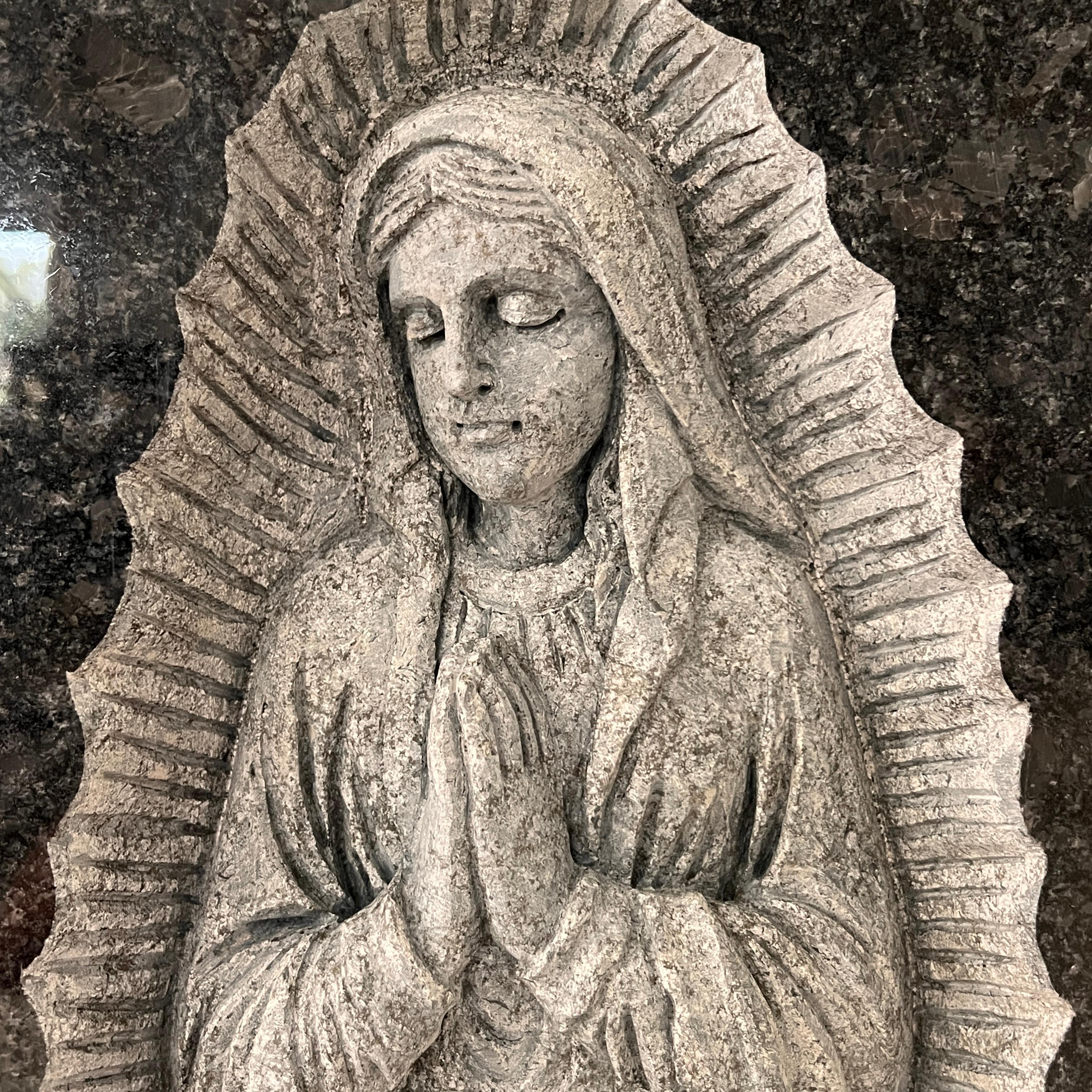 Steel Grey Granite Memorial Headstone with Carved Virgin Mary Relief