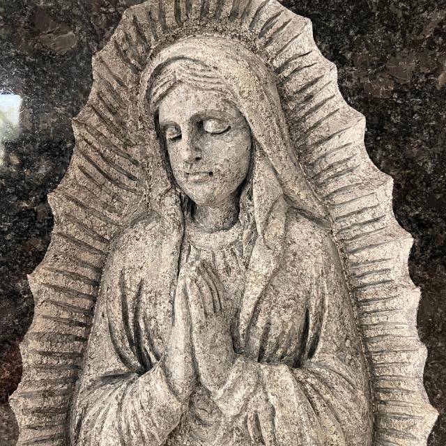 Steel Grey Granite Memorial Headstone with Carved Virgin Mary Relief