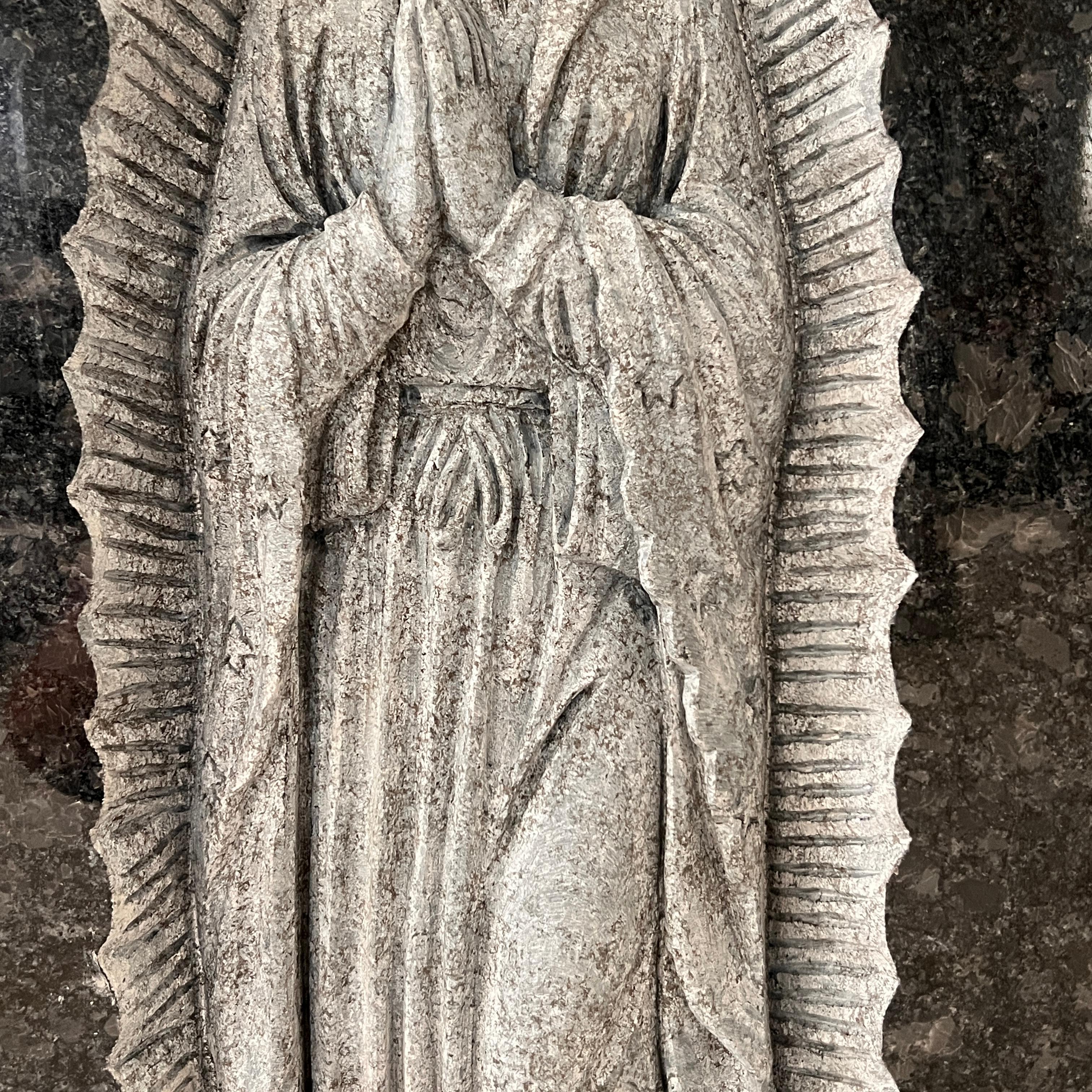 Steel Grey Granite Memorial Headstone with Carved Virgin Mary Relief