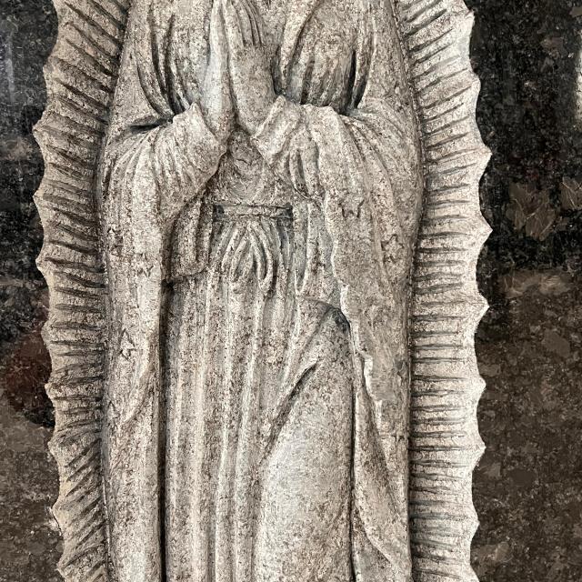 Steel Grey Granite Memorial Headstone with Carved Virgin Mary Relief