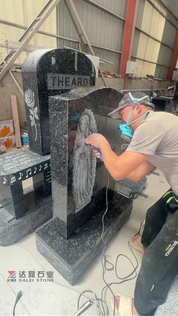 Steel Grey Granite Memorial Headstone with Carved Virgin Mary Relief
