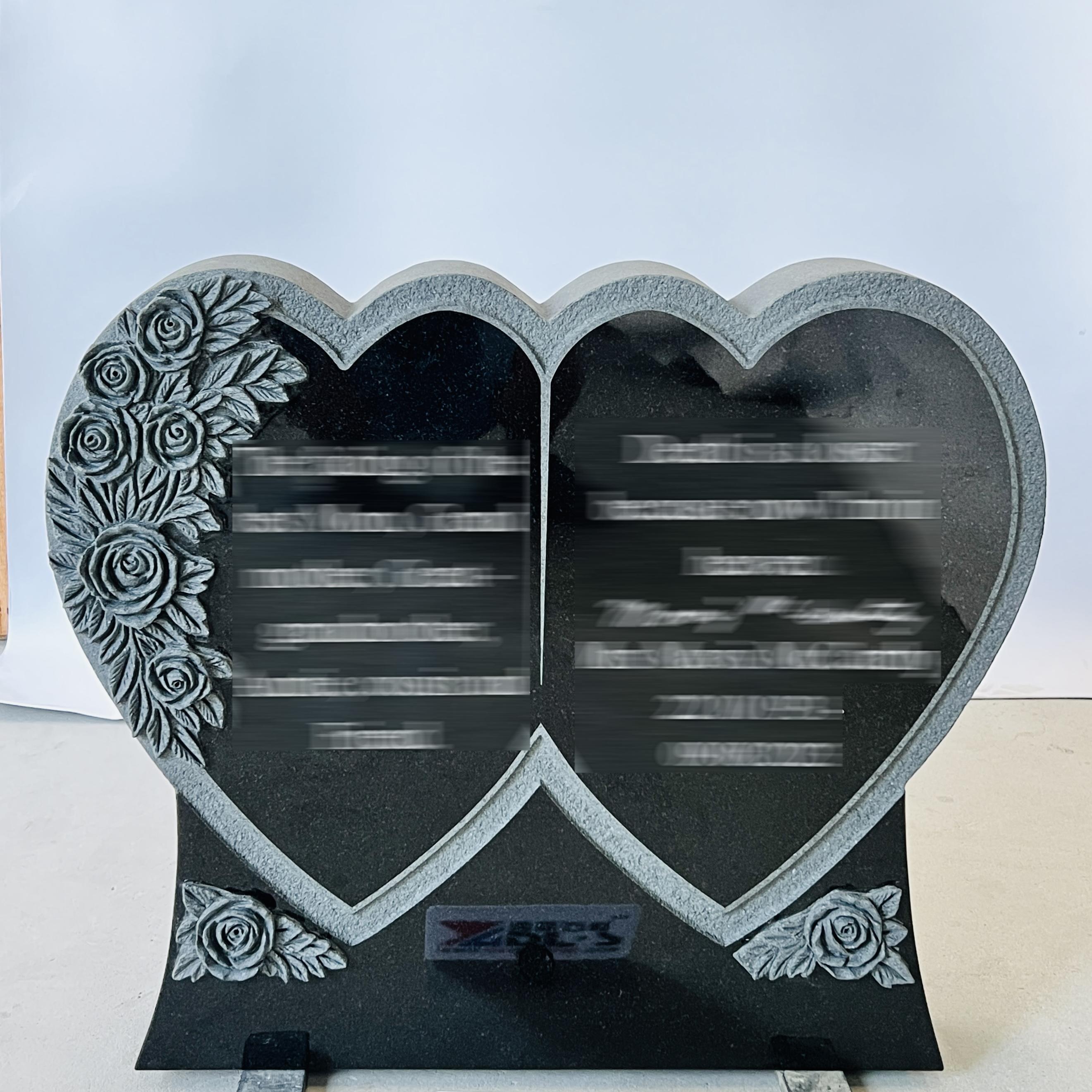 Indian Black Granite Double Heart Memorial Monument with Rose Carving