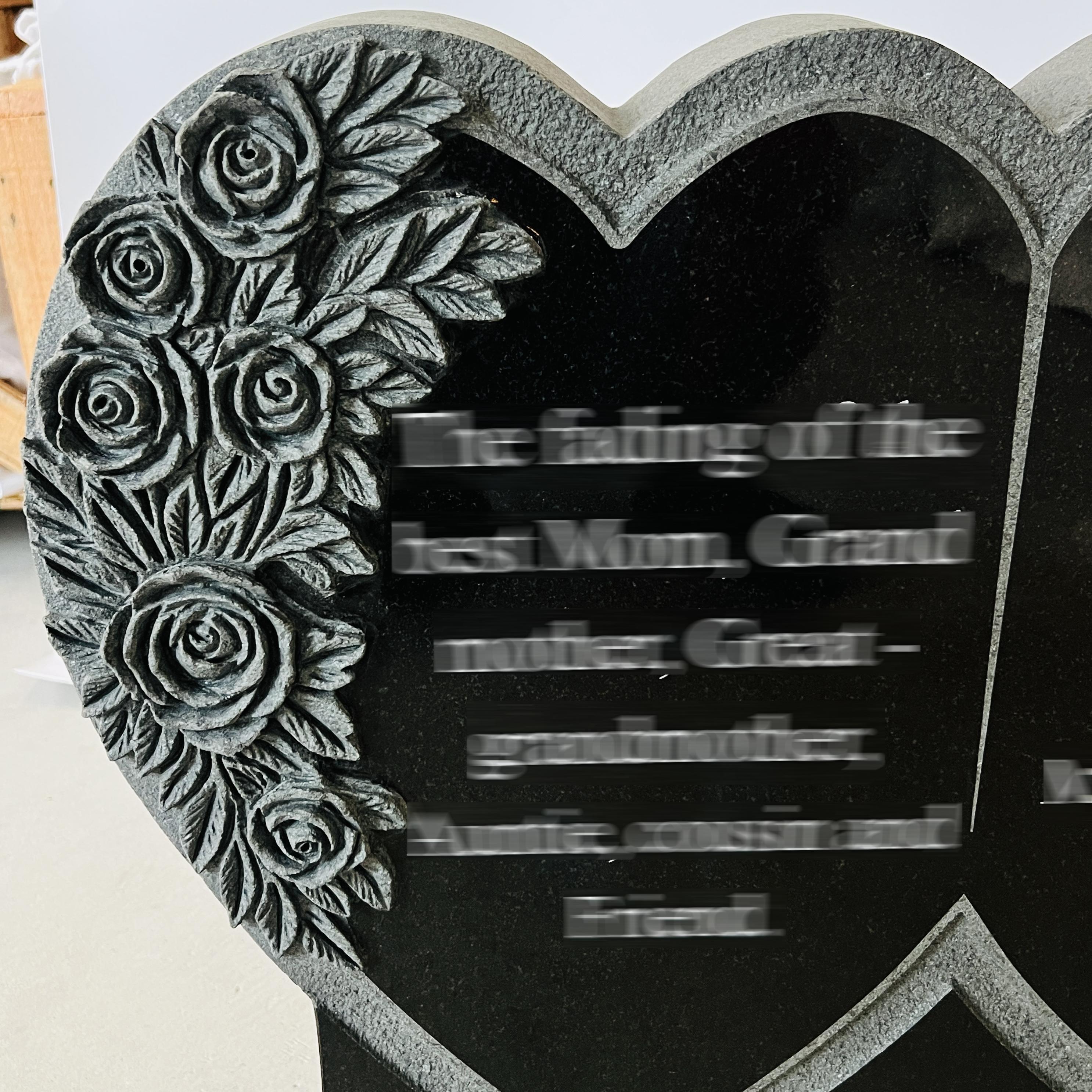 Indian Black Granite Double Heart Memorial Monument with Rose Carving