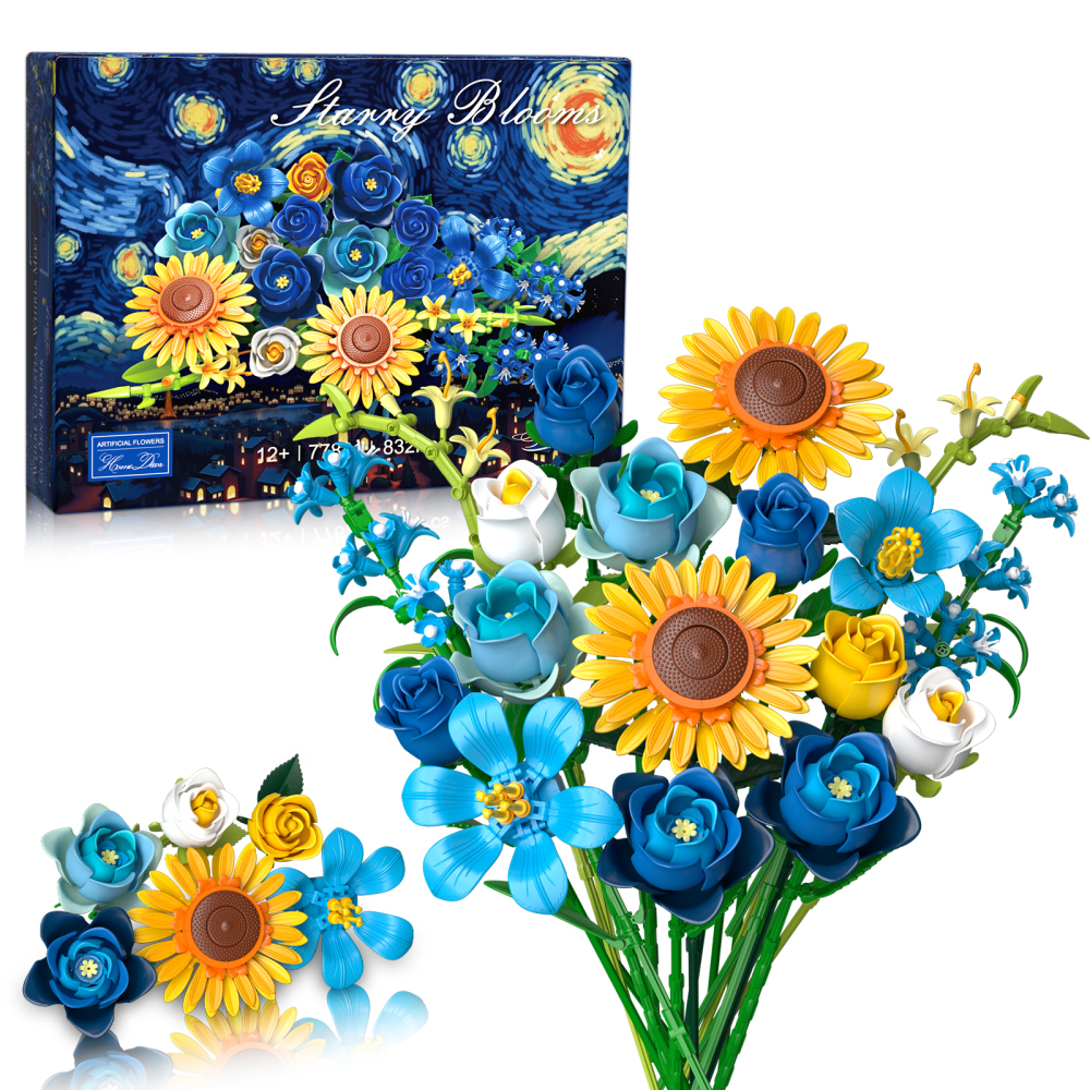 Blue Rose Flowers Valentines Gifts - Bouquet Building Set Compatible with Lego Flowers for Adults Women, Van Gogh's Starry Night and Sunflowers Style, Christmas Mother's Day Home Decor