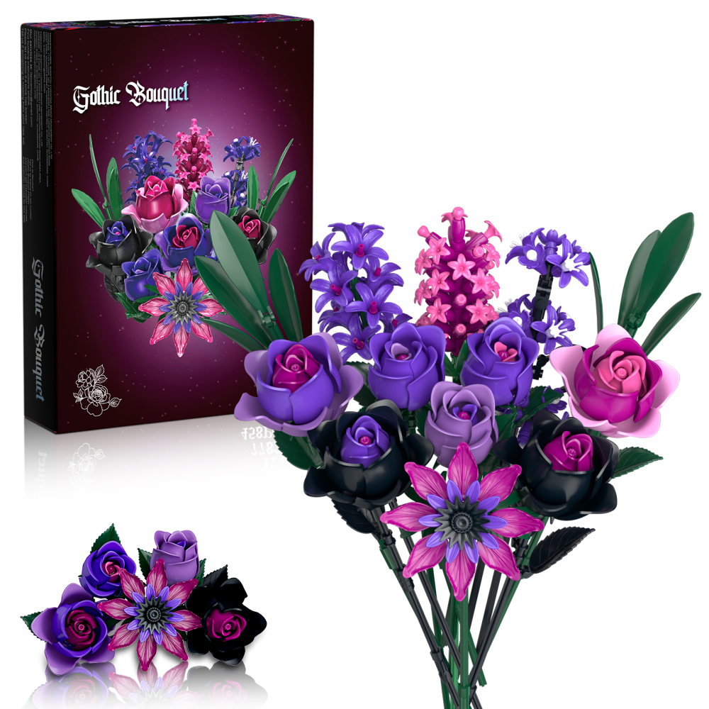 Purple Rose Flowers Bouquet Building Set - Valentines Decor Compatible with Lego Flowers for Adults Women - Gothic Home Office Table Centerpiece Decor, Halloween Christmas Valentine's Gift