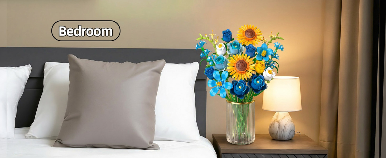 Vibrant artificial building block flowers decorating a modern apartment