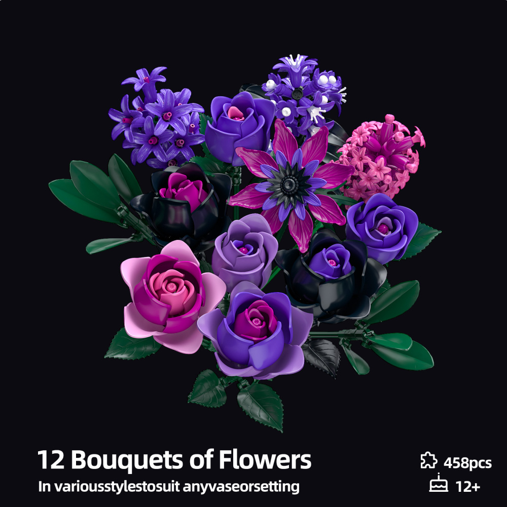 Purple Rose Flowers Bouquet Building Set - Valentines Decor Compatible with Lego Flowers for Adults Women - Gothic Home Office Table Centerpiece Decor, Halloween Christmas Valentine's Gift