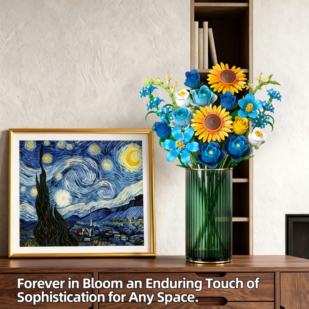 Blue Rose Flowers Valentines Gifts - Bouquet Building Set Compatible with Lego Flowers for Adults Women, Van Gogh's Starry Night and Sunflowers Style, Christmas Mother's Day Home Decor