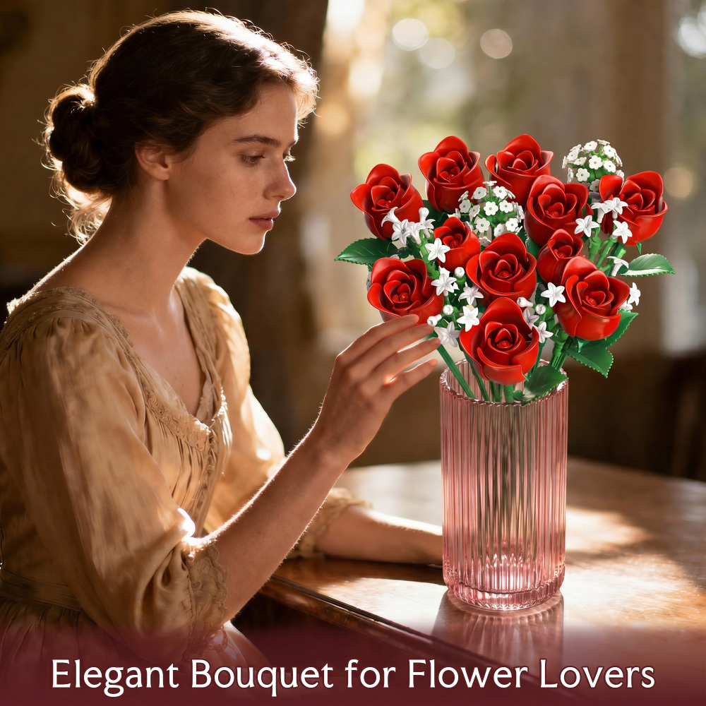 Red Rose Flowers Bouquet Building Set - Valentine's Day Gift Compatible with Lego Flowers for Adults Women, Collection Christmas Mother's Day Valentine's Gifts Home Decor