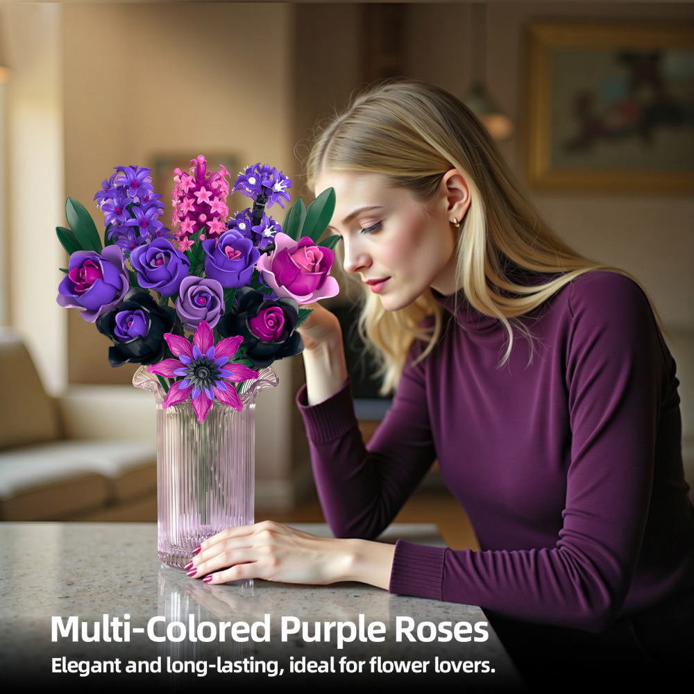 Purple Rose Flowers Bouquet Building Set - Valentines Decor Compatible with Lego Flowers for Adults Women - Gothic Home Office Table Centerpiece Decor, Halloween Christmas Valentine's Gift