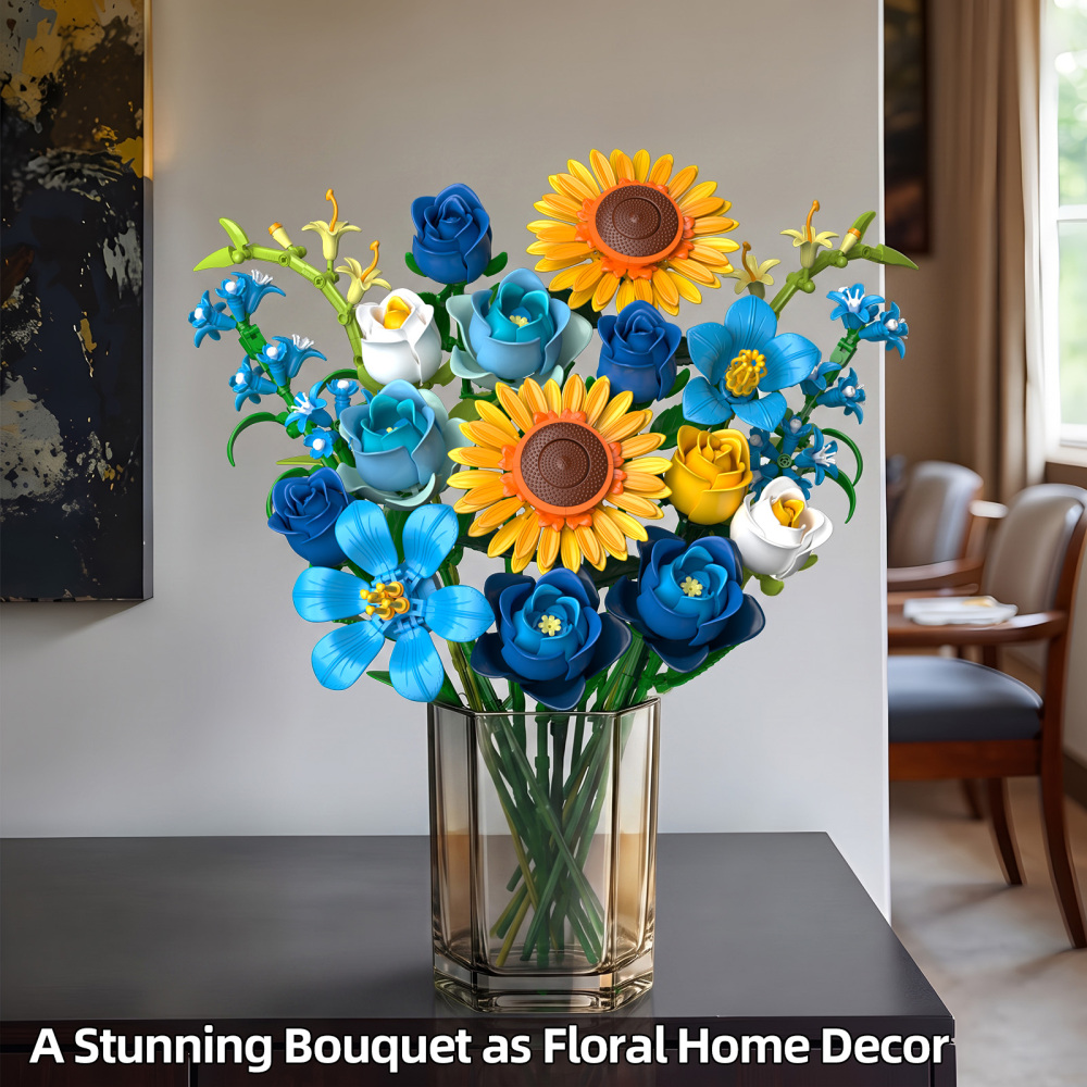 Blue Rose Flowers Valentines Gifts - Bouquet Building Set Compatible with Lego Flowers for Adults Women, Van Gogh's Starry Night and Sunflowers Style, Christmas Mother's Day Home Decor