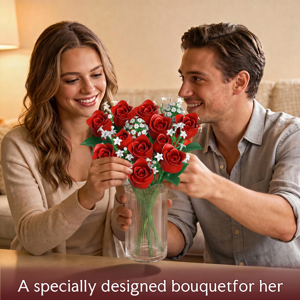 Red Rose Flowers Bouquet Building Set - Valentine's Day Gift Compatible with Lego Flowers for Adults Women, Collection Christmas Mother's Day Valentine's Gifts Home Decor