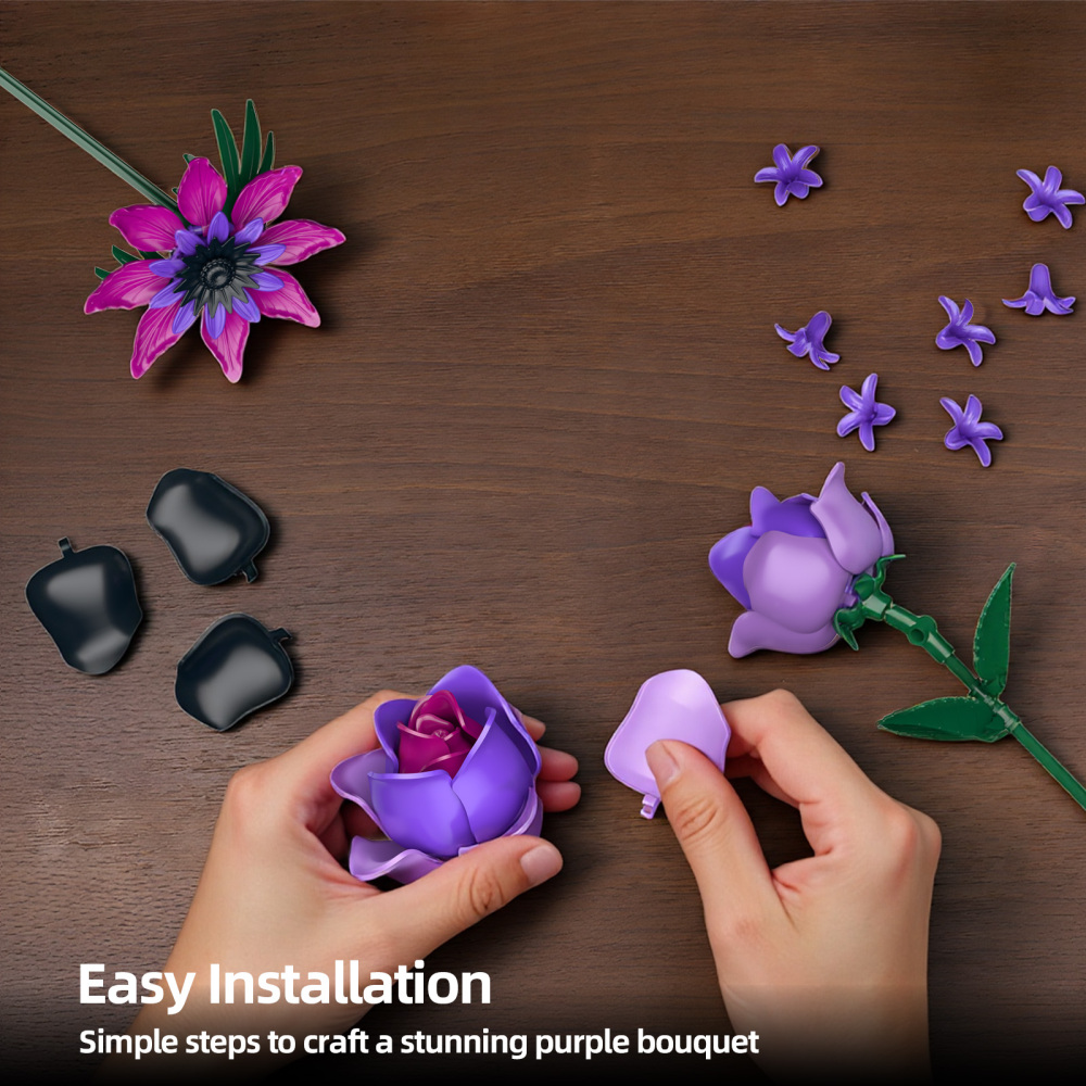 Purple Rose Flowers Bouquet Building Set - Valentines Decor Compatible with Lego Flowers for Adults Women - Gothic Home Office Table Centerpiece Decor, Halloween Christmas Valentine's Gift