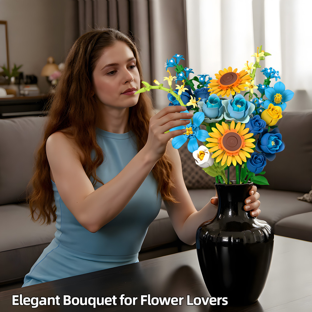 Blue Rose Flowers Valentines Gifts - Bouquet Building Set Compatible with Lego Flowers for Adults Women, Van Gogh's Starry Night and Sunflowers Style, Christmas Mother's Day Home Decor