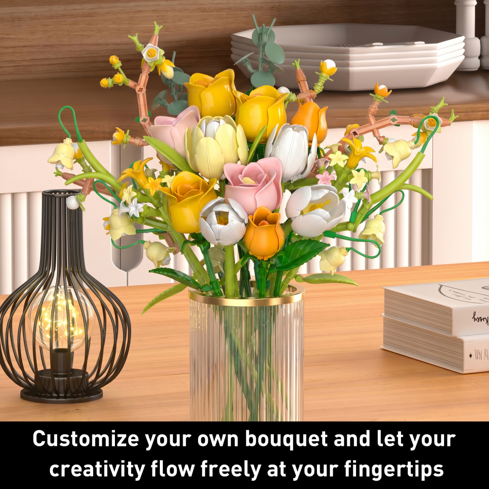 Tulip Rose Flowers Bouquet Building Set - Valentines Gifts Compatible with Lego Flowers Botanical Collection - Christmas, Mother's Day & Valentine's Gifts for Women & Girls Home Decor