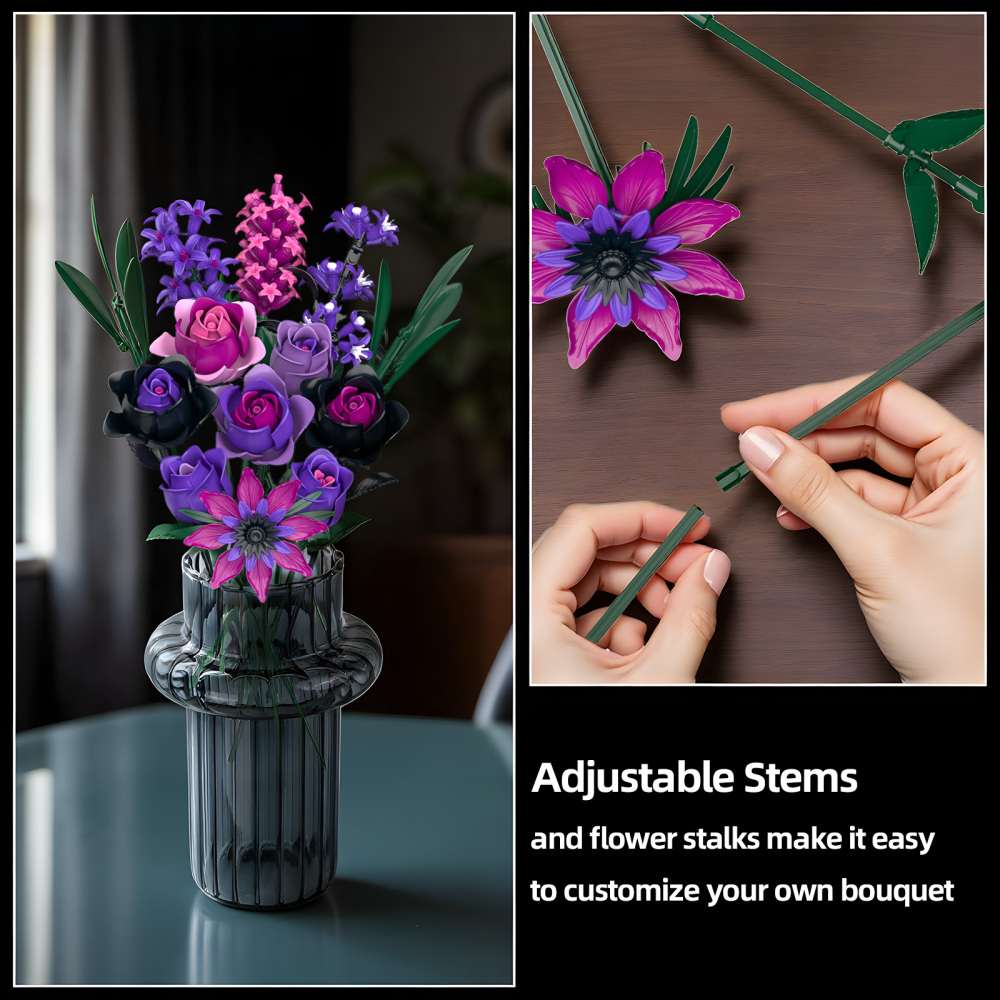 Purple Rose Flowers Bouquet Building Set - Valentines Decor Compatible with Lego Flowers for Adults Women - Gothic Home Office Table Centerpiece Decor, Halloween Christmas Valentine's Gift