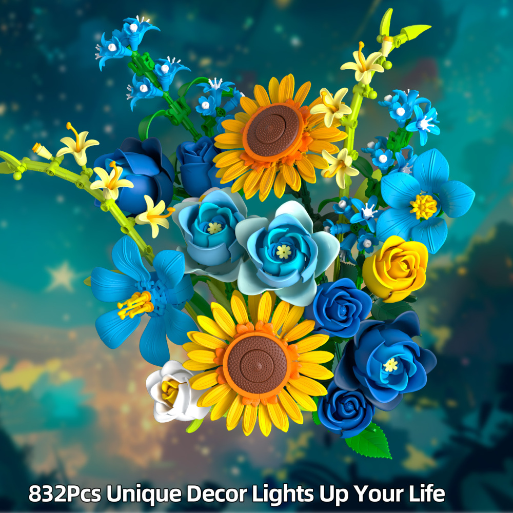Blue Rose Flowers Valentines Gifts - Bouquet Building Set Compatible with Lego Flowers for Adults Women, Van Gogh's Starry Night and Sunflowers Style, Christmas Mother's Day Home Decor
