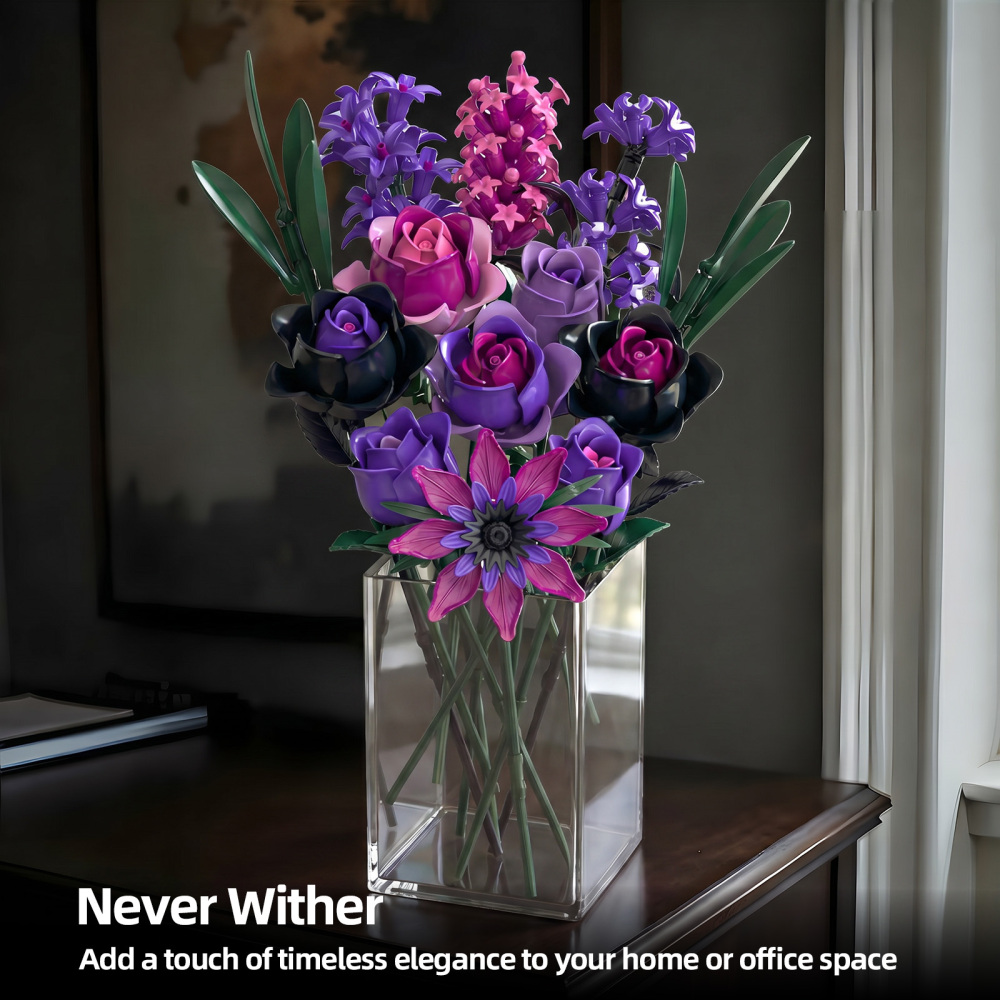 Purple Rose Flowers Bouquet Building Set - Valentines Decor Compatible with Lego Flowers for Adults Women - Gothic Home Office Table Centerpiece Decor, Halloween Christmas Valentine's Gift