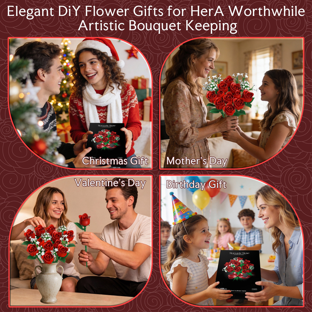 Red Rose Flowers Bouquet Building Set - Valentine's Day Gift Compatible with Lego Flowers for Adults Women, Collection Christmas Mother's Day Valentine's Gifts Home Decor