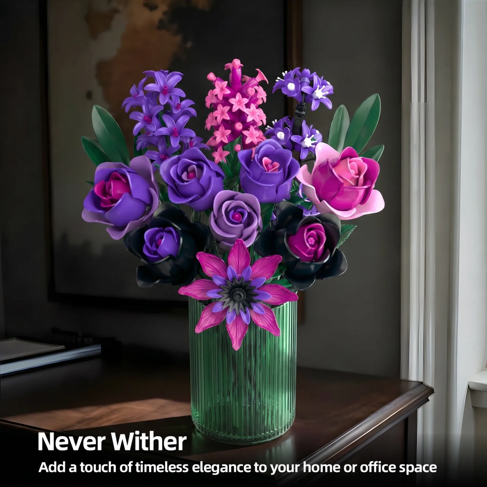 Purple Rose Flowers Bouquet Building Set - Valentines Decor Compatible with Lego Flowers for Adults Women - Gothic Home Office Table Centerpiece Decor, Halloween Christmas Valentine's Gift