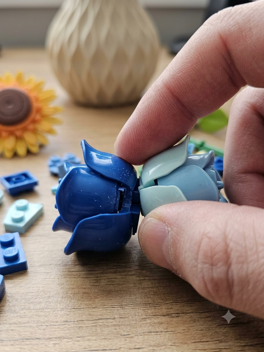 Assembling a miniature building block model during a quick work break