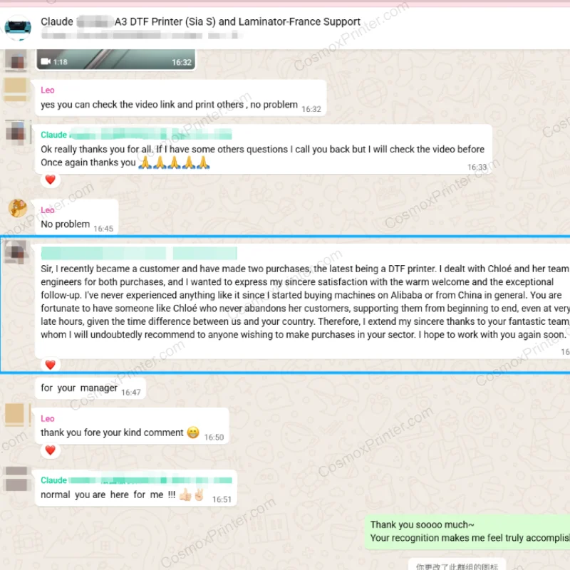 Claude from France excellent feedback to Cosmox team in whatsapp