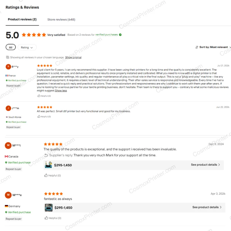 Alibaba customer review from France for high quality printer and professional customer service