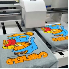 Cosmox Dual Table DTG Printer printing on gray color hoodie with full color image
