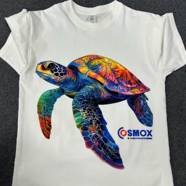 Cosmox Dual Table DTG Printer white tshirt printed colorful turtle