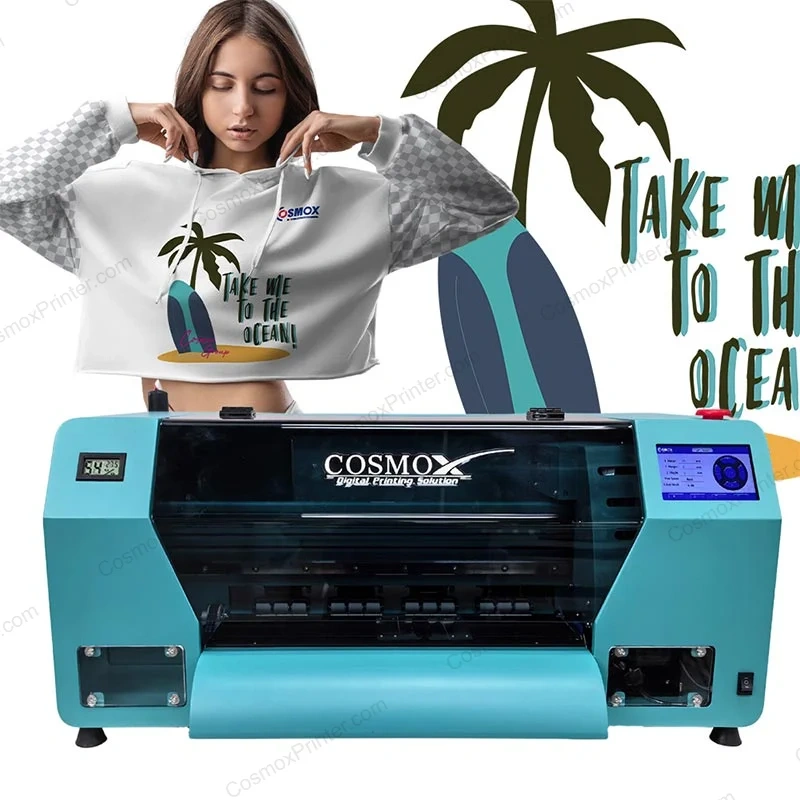 Cosmox A3 DTF Printer Sia Jet S with girl wearing printed gray shirt