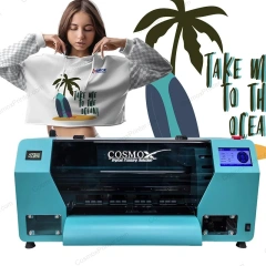 Cosmox A3 DTF Printer Sia Jet S with girl wearing printed gray shirt