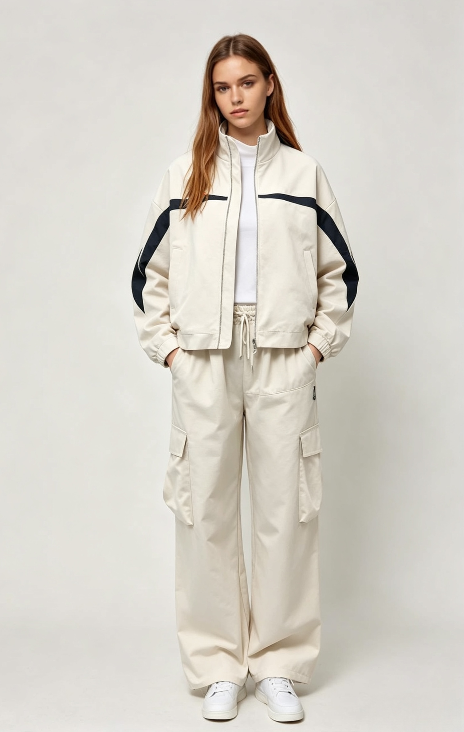 Women Color Block Cropped Jacket & Cargo Wide Leg Pants Two Piece Set,MY SHOP,Women Color Block Cropped Jacket & Cargo Wide Leg Pants Two Piece Set