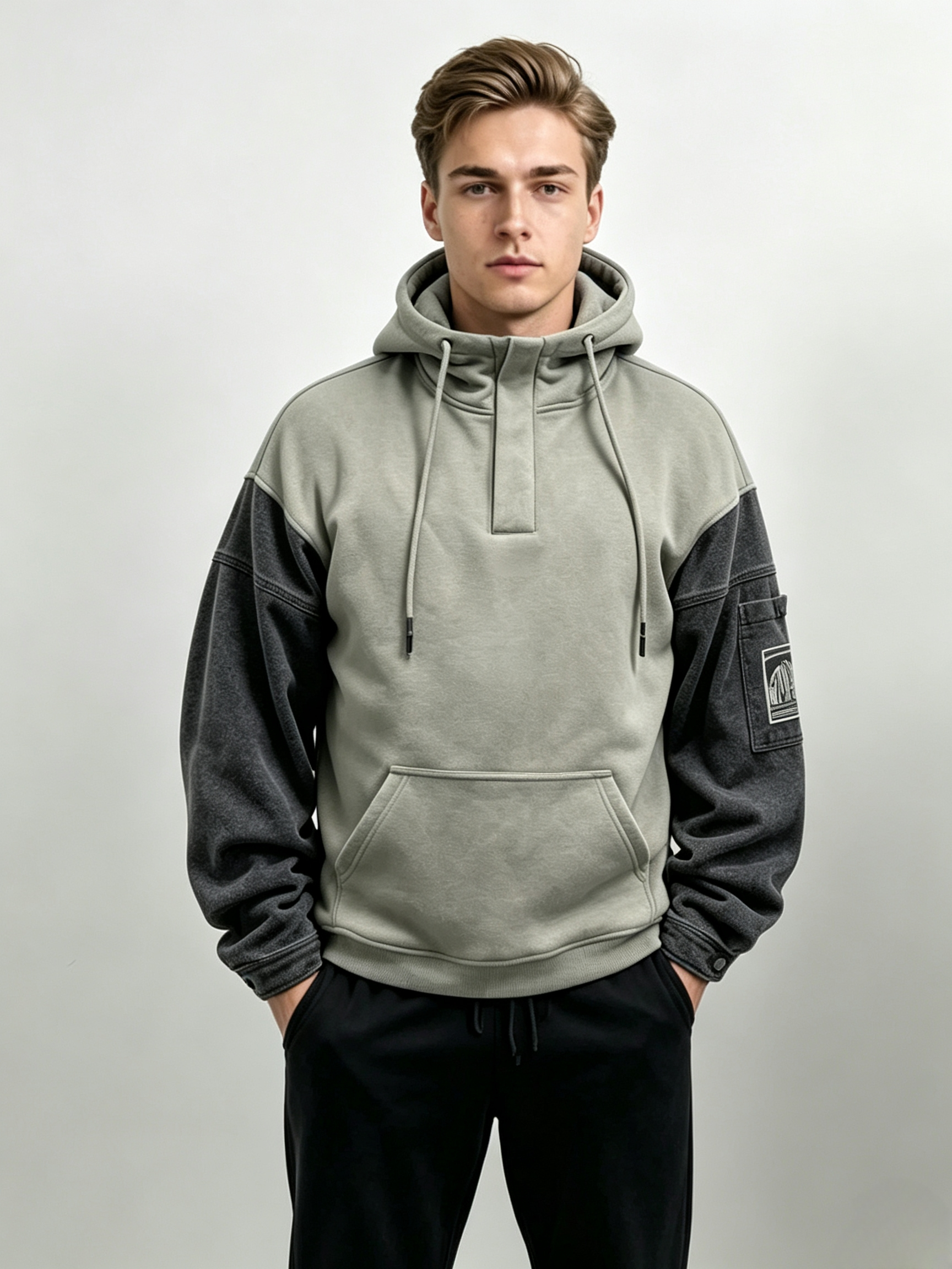 Men Half Placket Hoodie, Washed Grey Denim Spliced Sweatshirt,MY SHOP,Men Half Placket Hoodie, Washed Grey Denim Spliced Sweatshirt