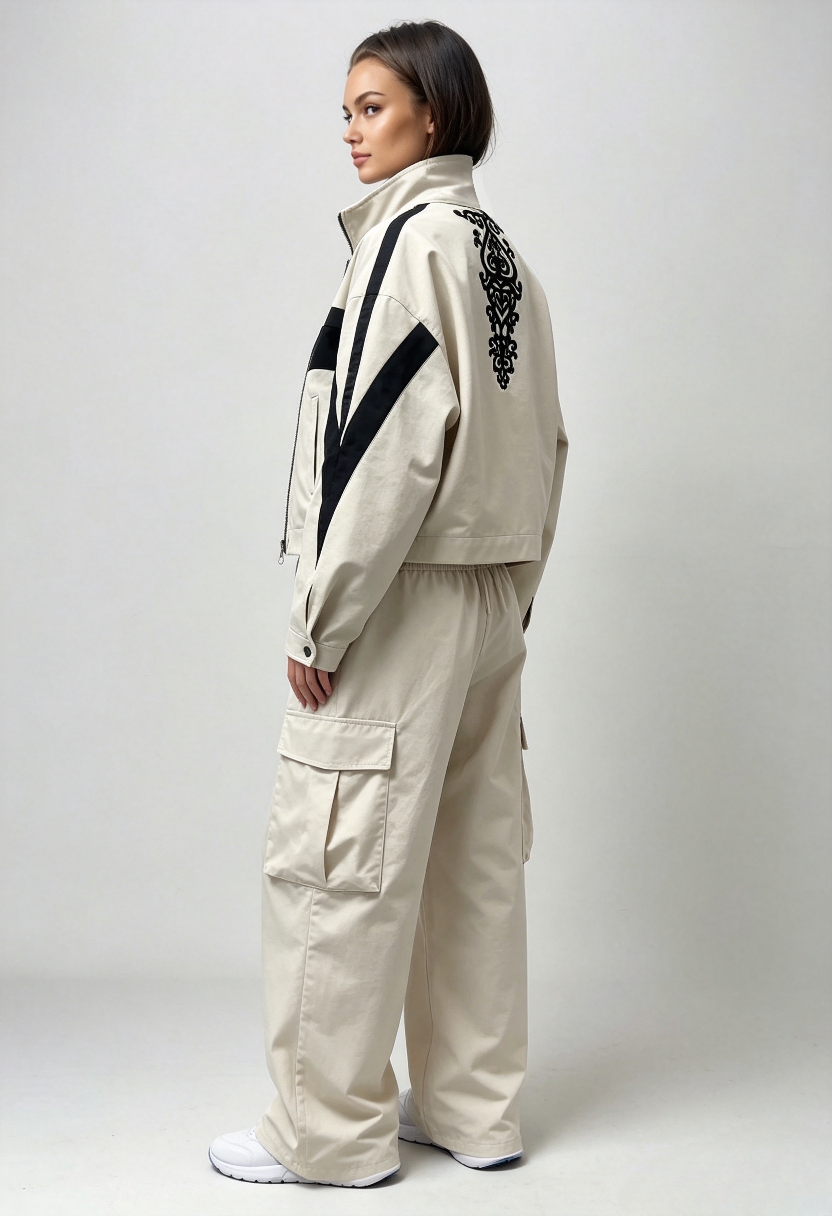 Women Color Block Cropped Jacket & Cargo Wide Leg Pants Two Piece Set,MY SHOP,Women Color Block Cropped Jacket & Cargo Wide Leg Pants Two Piece Set